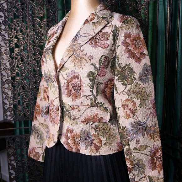 90s Botanical Tapestry Tailored Fit Blazer Neutral Crazy Horse Liz Claiborne, S - Picture 3 of 7